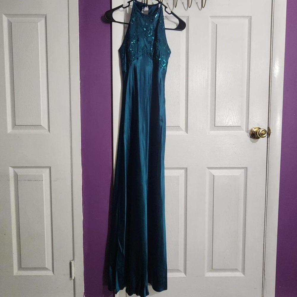 Y2K Teal Floral Maxi Halter Dress